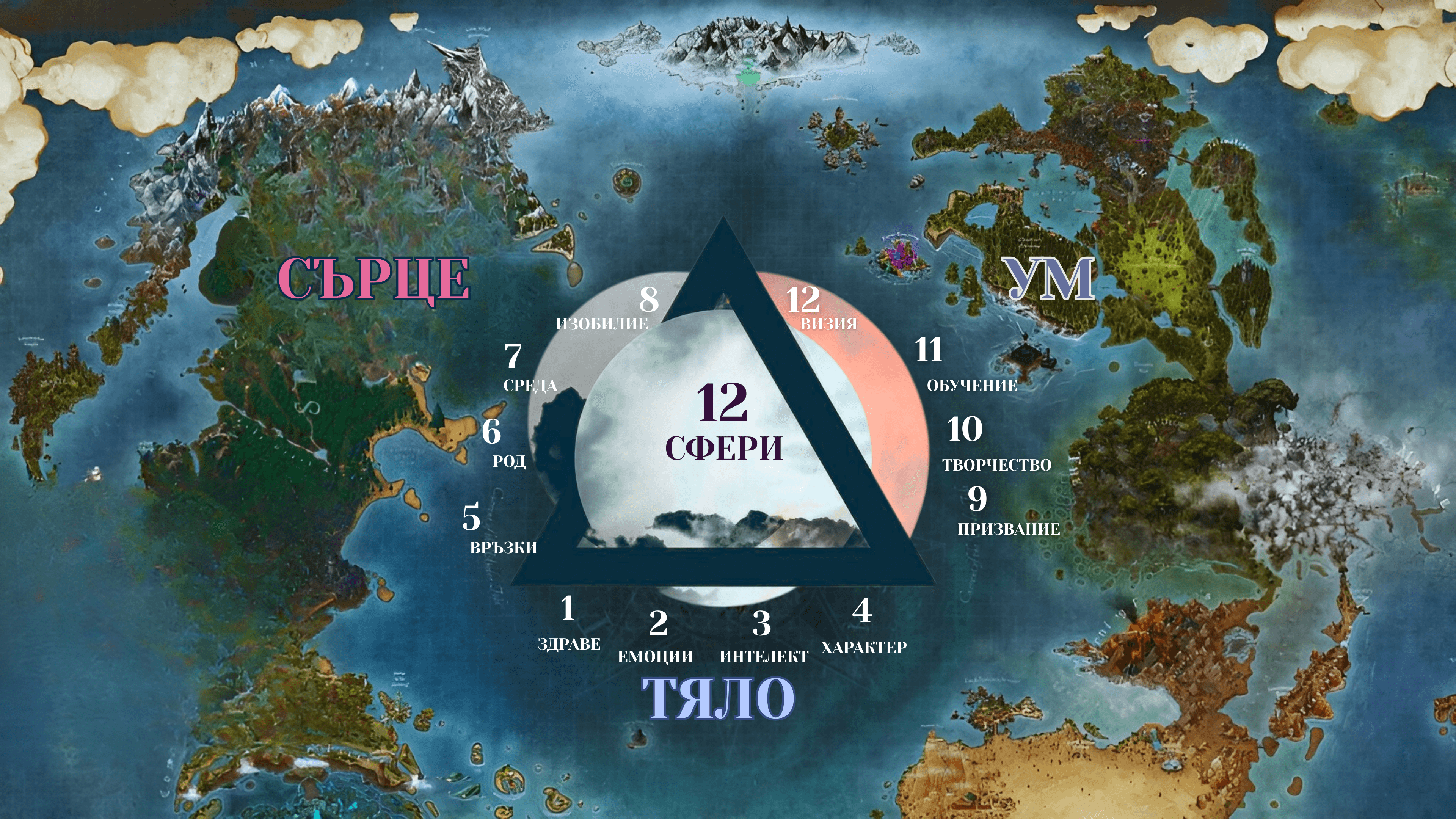12 Сфери на Живота - карта със СЪРЦЕ, УМ, ТЯЛО и 12 сфери